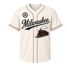 Load image into Gallery viewer, Train Depot Milwaukee Baseball Jersey in Platform Cream, front view – vintage steam locomotive graphic with railroad-wheel crest, custom name and number