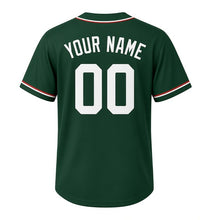 Load image into Gallery viewer, Train Depot Milwaukee Baseball Jersey in Signal Pine Green, back view with your name and number – custom block name and number with rail-tie-stripe sleeves