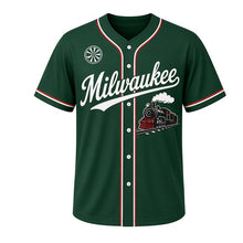 Load image into Gallery viewer, Train Depot Milwaukee Baseball Jersey in Signal Pine Green, front view – vintage steam locomotive graphic with railroad-wheel crest, custom name and number