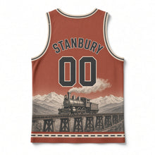 Load image into Gallery viewer, Transcontinental Railroad Original Basketball Jersey in Rust Red, back view with your name and number