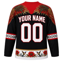 Load image into Gallery viewer, Trinidad and Tobago Original Hockey Jersey in Steelpan Black, back view with your name and number – carnival mas plumage yoke and steelpan note sleeve bands