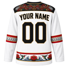 Load image into Gallery viewer, Trinidad and Tobago Original Hockey Jersey in Mas White, back view with your name and number – carnival mas plumage yoke and steelpan note sleeve bands