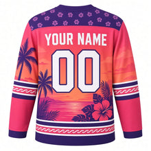 Load image into Gallery viewer, Tropical Paradise Original Hockey Jersey in Sunset Hibiscus, back view with your name and number – hibiscus-leaf yoke and wave-pattern sleeve stripes