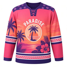 Load image into Gallery viewer, Tropical Paradise Original Hockey Jersey in Sunset Hibiscus, front view – palm fronds, hibiscus flowers and palm-and-sunset crest, custom name and number