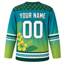 Load image into Gallery viewer, Tropical Paradise Original Hockey Jersey in Lagoon Teal, back view with your name and number – hibiscus-leaf yoke and wave-pattern sleeve stripes
