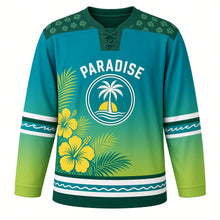 Load image into Gallery viewer, Tropical Paradise Original Hockey Jersey in Lagoon Teal, front view – palm fronds, hibiscus flowers and palm-and-sunset crest, custom name and number