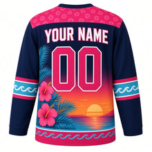 Load image into Gallery viewer, Tropical Paradise Original Hockey Jersey in Midnight Palm, back view with your name and number – hibiscus-leaf yoke and wave-pattern sleeve stripes