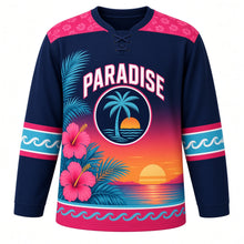 Load image into Gallery viewer, Tropical Paradise Original Hockey Jersey in Midnight Palm, front view – palm fronds, hibiscus flowers and palm-and-sunset crest, custom name and number
