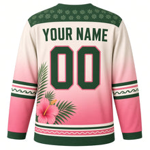 Load image into Gallery viewer, Tropical Paradise Original Hockey Jersey in Sand White, back view with your name and number – hibiscus-leaf yoke and wave-pattern sleeve stripes