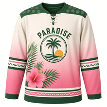 Load image into Gallery viewer, Tropical Paradise Original Hockey Jersey in Sand White, front view – palm fronds, hibiscus flowers and palm-and-sunset crest, custom name and number
