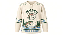 Load image into Gallery viewer, Trout Stream Angler Original Hockey Jersey in Birch Cream, front view – speckled trout leaping from a mountain stream with trout crest, custom name and number