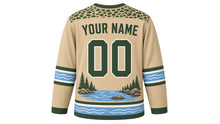 Load image into Gallery viewer, Trout Stream Angler Original Hockey Jersey in Sandbar Khaki, back view with your name and number – river-pebble yoke and fishing-line sleeve bands