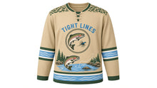 Load image into Gallery viewer, Trout Stream Angler Original Hockey Jersey in Sandbar Khaki, front view – speckled trout leaping from a mountain stream with trout crest, custom name and number