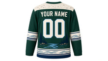 Load image into Gallery viewer, Trout Stream Angler Original Hockey Jersey in Pine Green, back view with your name and number – river-pebble yoke and fishing-line sleeve bands