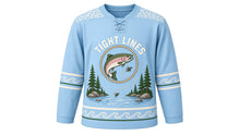 Load image into Gallery viewer, Trout Stream Angler Original Hockey Jersey in Glacier Blue, front view – speckled trout leaping from a mountain stream with trout crest, custom name and number