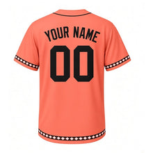 Load image into Gallery viewer, Tulip Spring Milwaukee Baseball Jersey in Tulip Coral, back view with your name and number – custom block name and number with diamond-stripe sleeves