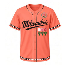 Load image into Gallery viewer, Tulip Spring Milwaukee Baseball Jersey in Tulip Coral, front view – row of three tulips graphic with tulip-bud crest, custom name and number