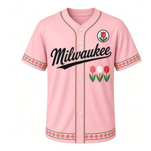 Load image into Gallery viewer, Tulip Spring Milwaukee Baseball Jersey in Blossom Pink, front view – row of three tulips graphic with tulip-bud crest, custom name and number
