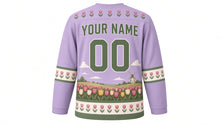 Load image into Gallery viewer, Tulip Windmill Fields Original Hockey Jersey in Dusk Lilac, back view with your name and number – tulip-bud yoke and tulip-row sleeve bands