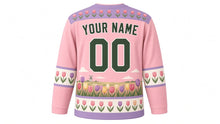 Load image into Gallery viewer, Tulip Windmill Fields Original Hockey Jersey in Tulip Pink, back view with your name and number – tulip-bud yoke and tulip-row sleeve bands