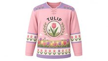 Load image into Gallery viewer, Tulip Windmill Fields Original Hockey Jersey in Tulip Pink, front view – rows of tulips and a windmill on the horizon with tulip crest, custom name and number