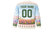 Load image into Gallery viewer, Tulip Windmill Fields Original Hockey Jersey in Spring Sky, back view with your name and number – tulip-bud yoke and tulip-row sleeve bands