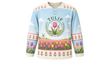 Load image into Gallery viewer, Tulip Windmill Fields Original Hockey Jersey in Spring Sky, front view – rows of tulips and a windmill on the horizon with tulip crest, custom name and number