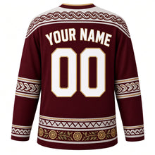 Load image into Gallery viewer, Tunisia Original Hockey Jersey in El Jem Garnet, back view with your name and number – Roman mosaic yoke and Sejnane pottery sleeve bands
