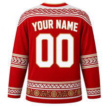 Load image into Gallery viewer, Tunisia Original Hockey Jersey in Carthage Red, back view with your name and number – Roman mosaic yoke and Sejnane pottery sleeve bands