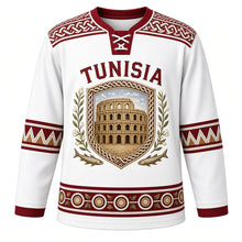 Load image into Gallery viewer, Tunisia Original Hockey Jersey in Jasmine White, front view – ornate Roman mosaic plaque crest with El Jem amphitheatre, jasmine and olive branch, detailed artwork, custom name and number