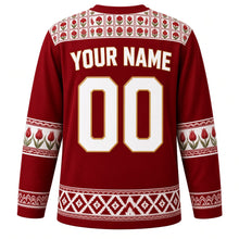 Load image into Gallery viewer, Turkey Original Hockey Jersey in Tulip Crimson, back view with your name and number – Iznik tile yoke and ebru marbled sleeve bands