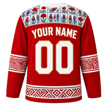 Load image into Gallery viewer, Turkey Original Hockey Jersey in Anatolian Red, back view with your name and number – Iznik tile yoke and ebru marbled sleeve bands