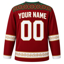 Load image into Gallery viewer, Turkmenistan Original Hockey Jersey in Gul Crimson, back view with your name and number – Turkmen carpet-gul yoke and keteni needlework sleeve bands
