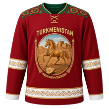 Load image into Gallery viewer, Turkmenistan Original Hockey Jersey in Gul Crimson, front view – ornate oval medallion with golden Akhal-Teke horse, Kyz Kala walls and dutar, carpet-gul yoke, detailed artwork, custom name and number