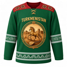 Load image into Gallery viewer, Turkmenistan Original Hockey Jersey in Oasis Green, front view – ornate oval medallion with golden Akhal-Teke horse, Kyz Kala walls and dutar, carpet-gul yoke, detailed artwork, custom name and number