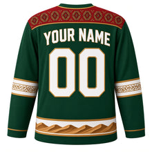 Load image into Gallery viewer, Turkmenistan Original Hockey Jersey in Kopetdag Pine, back view with your name and number – Turkmen carpet-gul yoke and keteni needlework sleeve bands