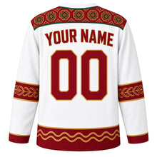 Load image into Gallery viewer, Turkmenistan Original Hockey Jersey in Cotton White, back view with your name and number – Turkmen carpet-gul yoke and keteni needlework sleeve bands
