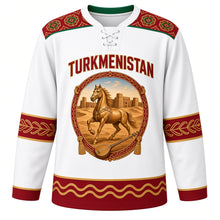 Load image into Gallery viewer, Turkmenistan Original Hockey Jersey in Cotton White, front view – ornate oval medallion with golden Akhal-Teke horse, Kyz Kala walls and dutar, carpet-gul yoke, detailed artwork, custom name and number