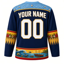 Load image into Gallery viewer, Tuvalu Original Hockey Jersey in Funafuti Navy, back view with your name and number – pandanus-mat weave yoke and fatele fringe sleeve bands