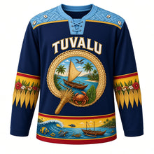Load image into Gallery viewer, Tuvalu Original Hockey Jersey in Funafuti Navy, front view – ornate pandanus-fan crest with outrigger canoe, lagoon palms and coconut crab, woven yoke, detailed artwork, custom name and number