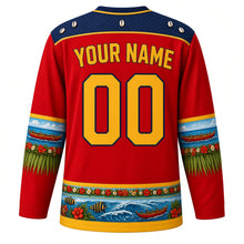 Load image into Gallery viewer, Tuvalu Original Hockey Jersey in Fatele Red, back view with your name and number – pandanus-mat weave yoke and fatele fringe sleeve bands