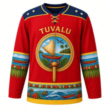 Load image into Gallery viewer, Tuvalu Original Hockey Jersey in Fatele Red, front view – ornate pandanus-fan crest with outrigger canoe, lagoon palms and coconut crab, woven yoke, detailed artwork, custom name and number