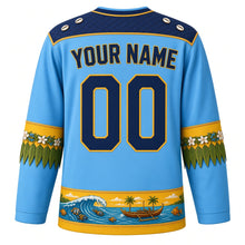 Load image into Gallery viewer, Tuvalu Original Hockey Jersey in Lagoon Sky Blue, back view with your name and number – pandanus-mat weave yoke and fatele fringe sleeve bands