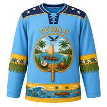 Load image into Gallery viewer, Tuvalu Original Hockey Jersey in Lagoon Sky Blue, front view – ornate pandanus-fan crest with outrigger canoe, lagoon palms and coconut crab, woven yoke, detailed artwork, custom name and number