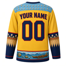 Load image into Gallery viewer, Tuvalu Original Hockey Jersey in Atoll Sun Yellow, back view with your name and number – pandanus-mat weave yoke and fatele fringe sleeve bands