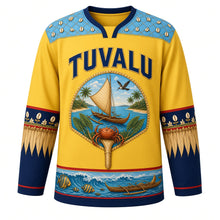 Load image into Gallery viewer, Tuvalu Original Hockey Jersey in Atoll Sun Yellow, front view – ornate pandanus-fan crest with outrigger canoe, lagoon palms and coconut crab, woven yoke, detailed artwork, custom name and number