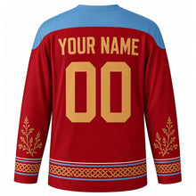 Load image into Gallery viewer, Tynwald Day Original Hockey Jersey in Manx Red, back view with custom YOUR NAME and 00