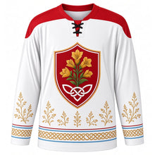 Load image into Gallery viewer, Tynwald Day Original Hockey Jersey in White, front view with themed artwork and clean crest