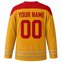 Load image into Gallery viewer, Tynwald Day Original Hockey Jersey in Gorse Gold, back view with custom YOUR NAME and 00