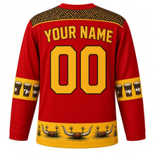 Load image into Gallery viewer, Uganda Original Hockey Jersey in Nile Red, back view with your name and number – barkcloth and basketry yoke and ngoma drum sleeve bands